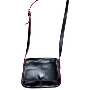 Lodis Black Leather Crossbody Bag Red Trim Contrast Stitching Small Flap Purse